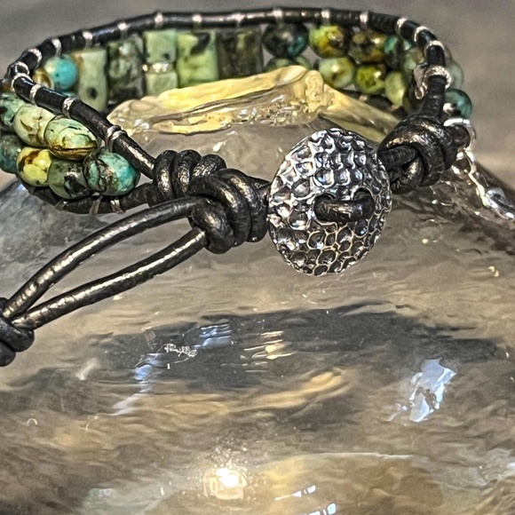 Natural Turquoise Leather Wrap Bracelet Sterling Tiny Heart Charm- Adjustable - Picture 7 of 8